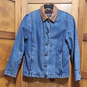 Vintage Y2K Woolrich Blanket Lined Denim Jacket with Brown Leather Collar